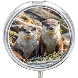Pillendoos Draagbare Dier Leuke Bruine Otters Pil Organizer Reizen Pil Case voor Pocket Of Portemonnee Geneeskunde Pil Container met Spiegel 3 Compartimenten Dagelijkse Geneeskunde Organizer