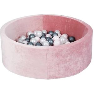 MISIOO Velvet Ballenbad voor kinderen, voor babykamer, 200 ballen voor ballenbad, babyspeelgoed, machinewasbaar, Öko-Tex-gecertificeerd, rond, 90 x 40 cm, roze, wit, zilveren ballen
