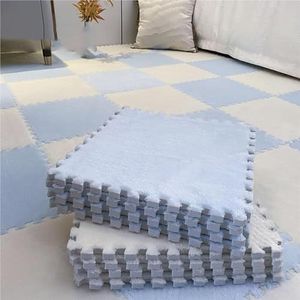 12x12x0.4in Dikkere Vierkante Schuimmat, Pluche In Elkaar Grijpende Tapijttegels, Wasbare Pluizige Karpetten For Slaapkamer Speelkamer(Light Blue+beige,12pcs)