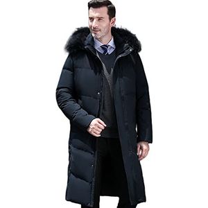 Heren lange puffer jas met afneembare capuchon en bontkraag, winter parka gewatteerde gewatteerde jas, 90% witte eendendons vulling, over-knie lengte,Blauw,M