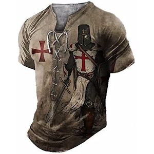 Mannen Etnische Stijl Korte Mouw T Shirt Ridders Tempeliers Patroon V-hals Lace Up Henley Shirts Verontruste Outdoor Street Pullover Top, # 1, L