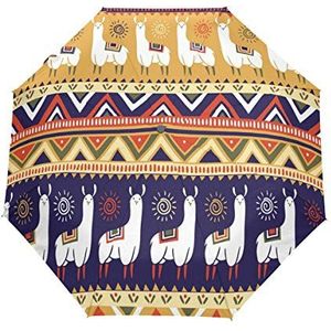 BIGJOKE 3 Vouwen Auto Open Sluit Paraplu Leuke Llama Alpaca Tribal Winddicht Reizen Lichtgewicht Regen Paraplu Compact voor Jongens Meisje Mannen Vrouwen