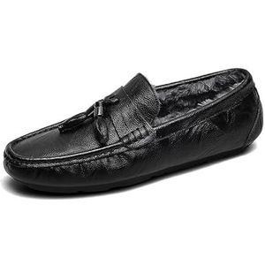 Loafers for heren, ronde neus, leer, voering van imitatiebont, kwastje, lichtgewicht, flexibele platte hak, mode, gala-instappers (Color : Black, Size : 43 EU)
