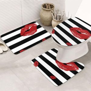 OPSREY Lippen bedrukt in zwart-witte strepen bedrukt zachte antislip badkamermat badkamertapijt set van 3 - Silhouetmat + toilethoes + badmat