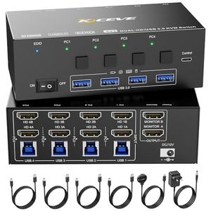 KVM Switch 4 Computer 2 Monitoren, KCEVE 8K @60Hz, 4K @144 Hz USB 3.0 HDMI KVM-schakelaar met EDID-emulator voor 4PC Share Mouse toetsenbord en monitor, stabiele chip, hoge compatibiliteit