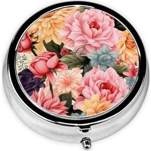 Pillendoosje met spiegel, retro pillendoosje met 3 vakken, bloempatroon, kleine pillenorganizer voor portemonnee of zak, decoratieve metalen medicijnen, vitamine-organizer, unieke geschenken