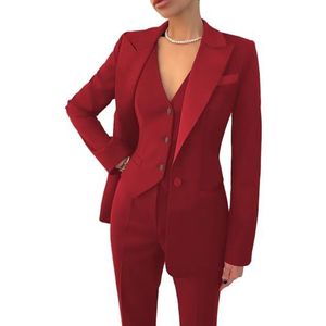 Vrouwen 3 Stuk Kantoor Werk Pak Blazer Vest Broek Zakelijke Broek Pak Set Prom Party Suit, Donker Rood, M