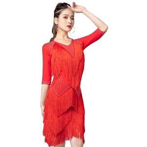 Rood,L,Hynyjxjy V-Hals Latijns Performance Kostuums Balroom Dansjurken Met Franjes Voor Dames Tango Danskleding Met Middellange Mouwen Cha Cha Dansoutfit Met Strass