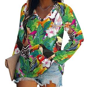 Tropische vogel toekan, papegaai, hop en palmbladeren, nieuwigheid damesblouse, tops, V-hals, tuniek, T-shirt voor legging, lange mouwen, casual trui