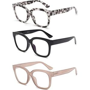 JM Set van 3 leesbrillen voor dames, vierkant, blauw licht, computer, leesbril, 3 verpakkingen (zwart + grijs + roze), Oversized