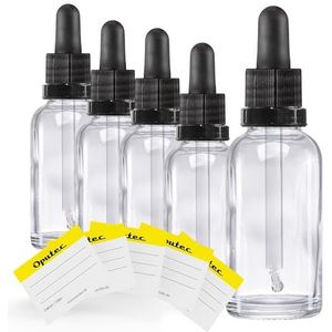 Oputec 30 ml pipetfles van helder glas met glazen pipet + etiketten, apothekersfles voor aromatherapie, etherische oliën, cosmetica, druppelfles voor farmaceutische toepassingen en laboratorium (5 x