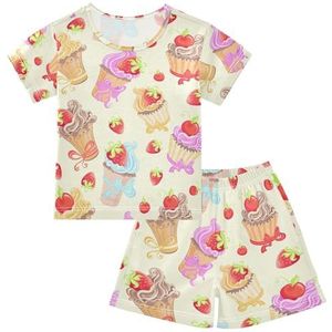 YOUJUNER Kinderpyjama set cupcakes aardbei kers korte mouw T-shirt zomer nachtkleding pyjama lounge wear nachtkleding voor jongens meisjes kinderen, Meerkleurig, 8 jaar