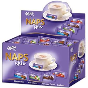 Milka Naps Mix 1 x 1,702 kg, mini-chocoladereepjes van alpenmelk, aardbei, hazelnoot en crème au cacao