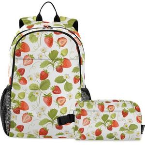 CHIFIGNO Aardbei met bloemen rugzak voor kinderen, jongens, meisjes, school, boekentas, tienerrugzak, dagrugzak met lunchbox, Aardbei Met Botanische Bloemen, One Size