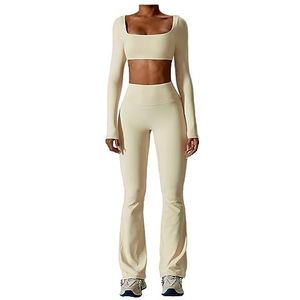 Trainingsoutfits voor dames 2-delige outfits Yoga Gym Tops en broeken met lange mouwen Jumpsuit Set(Beige,S)