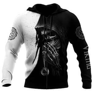 WSXJJ 3D Viking Odin Tattoo Hoodie Lange Mouwen Sweatshirt, Nordic Heren Casual Pullover Jacket Scandinavian Kleding,Viking skull zip,3XL