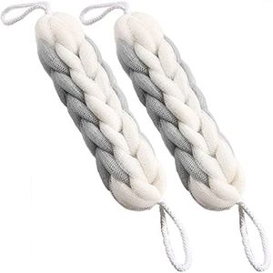 AARAINBOW 2 stuks verbeterde lange rekbare rugspons met touwgrepen terug scrubber bad douche mesh spons exfoliërende body scrub stretch gevlochten luffa voor mannen vrouwen loofah touw (2 grijs)