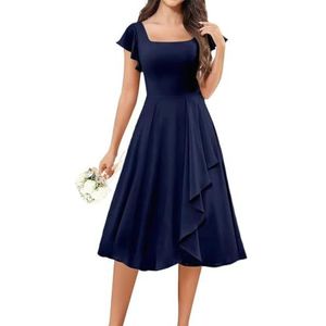 KURFACE Korte bruidsmeisjesjurken met fladdermouwen voor junioren ruches A-lijn knielengte cocktailjurk formele jurk, Donkerblauw, 32
