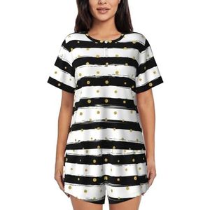 YQxwJL Inkt En Gouden Stip Strepen Print Vrouwen Pyjama Sets Shorts Korte Mouw Lounge Sets Nachtkleding Casual Pjs Met Zakken, Zwart, XL