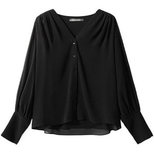 ROUZIHU Werkplek Lichtgewicht Retro V-hals Dubbellaags Shirt Chiffon Lange mouwen Casual Shirt(V,XXL)