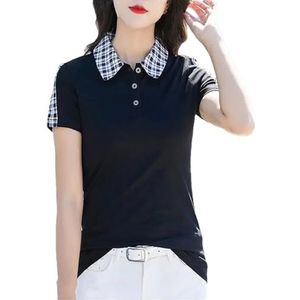 Dvbfufv Vrouwen Casual Korte Mouw Plaid Polos Shirt Vrouwelijke Zomer Mode Koreaanse Golf Knop Pullover Shirt, Zwart, L