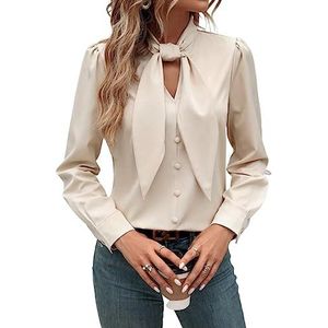 dames topjes Blouse met knopen aan de voorkant en pofmouwen (Color : Beige, Size : Small)