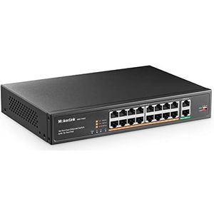 MokerLink 18-poorts PoE-switch, 16 PoE+ 10/100 Mbps, 2 Gigabit uplink, 250 W hoge prestaties, IEEE802.3af/at ondersteuning en niet-beheerde plug-and-play voor rackmontage