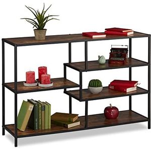 Relaxdays boekenkast industrieel, 5 planken, houtlook, HxBxD: 79x115x33 cm, wandtafel, breed rek, hal, zwart/donkerbruin