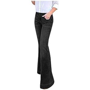 Womens lange uitlopende jeans broek wijde pijpen bootleg denim broek vrouwen casual lounge broek slim fit hoge taille rits stretch volledige lengte dames chino-broek pluse maat zwart, Zwart, XL