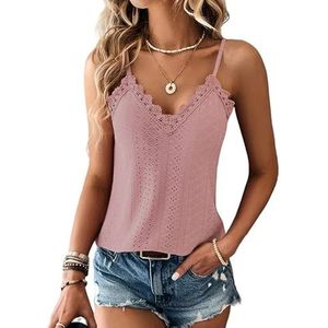 Haibang Tanktop voor dames, zomer, spaghettibandjes, mouwloos, elegant, losse pasvorm, solide onderjas van kant, casual blouse, T-shirt, blouse van stof met oogjes, grijs-roze, S