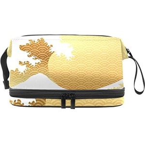 Grote capaciteit reizen cosmetische tas,make-up tas,Waterdichte make-up tas organizer, Japanse vintage stijl grote gouden golven, Meerkleurig, 27x15x14 cm/10.6x5.9x5.5 in