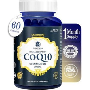 Biovitalia CoQ10 200 mg co-enzym Q10-supplementcapsules voor de gezondheid van het hart met hoge antioxidanten voor het bevorderen van de gezondheid van hersenen en geheugen - 60 Veganistische capsule