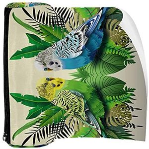 Potlood Case Pen Tas Houder met Rits Coin Organizer Tassen Make-up Cosmetische Pouch voor Vrouwen Tiener Meisjes Jongens Kinderen, Groen Blauw Budgie In Bladeren Paar