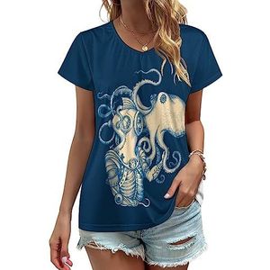 Octopus en astronauten dames V-hals T-shirts leuke grafische korte mouw casual T-shirt tops 4XL