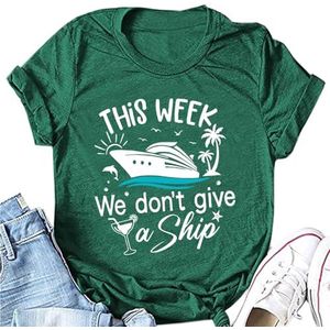 Deze week geven we geen schip vrouwen vakantie T-shirt schattig schip kokosnoot boom wijnglas grafische zomer vakantie T-shirts, Vintage Groen, L