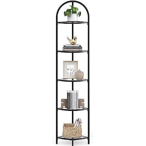 VASAGLE Hoekrek met 5 niveaus, boekenkast, plantenrek, badkamerrek, gehard glas, metalen frame, moderne stijl, voor woonkamer, keuken, klassiek zwart LGT810B61