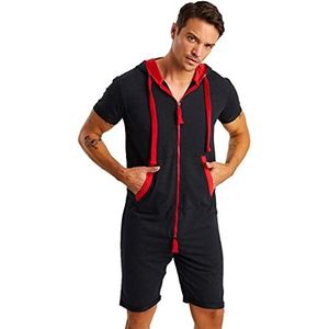 Björn Swensen Jumpsuit voor heren, korte katoenen joggingbroek, korte broek, overall, onesie, T-shirt met capuchon, zomerjumpsuit, pyjama, joggingpak, antraciet-rood, S