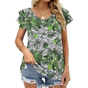 Zebra Skin And Leaves Graphic Blouse Top Voor Vrouwen V-hals Tuniek Top Korte Mouw Volant T-shirt Grappig