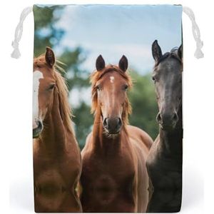Drie Paarden Canvas Trekkoord Zakken Herbruikbare Opbergtas Gedrukt Geschenken Sieraden Case Pouch Organizer Voor Reizen Thuis