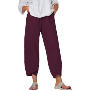 HHuiXinXue Linnen broek dames 7/8 wijde pijpen zomerbroek vrouwen licht elegante losse casual broek voor strandvakantie dagelijks, Paars, M