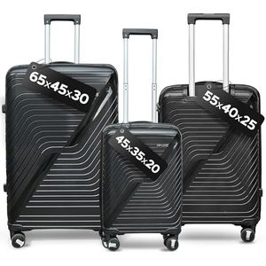 DS-Lux Hoogwaardige reiskoffer, harde koffer, trolley, rolkoffer, handbagage, ABS-kunststof met TSA-slot, 4 spinner-wielen, (S-M-L-set), Zwart V3, Set, kofferset