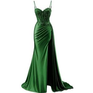 KURFACE Satijnen galajurken voor dames met split kant applicatie spaghettibandjes beroemdheden optocht jurk formele jurk, Emerald Groen, 32