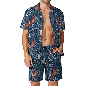 Rode kardinaal en takken Hawaiiaanse bijpassende set voor heren, 2-delige outfits, overhemden en shorts met knopen voor strandvakantie
