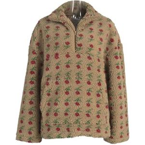 Dames Floral Sherpa Pullover Kwart Rits Oversized Fleece Jas Met Zakken Y2K Stijl(Khaki,XXL)