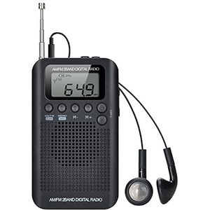 COVVY 104-BK Digitale AM/FM 2-bandsradio, 12/24u tijdweergave, batterijgevoede radio, persoonlijke stereoradio met hoofdtelefoon, luidspreker, wekker en timer voor hardlopen, joggen
