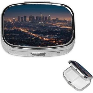 Pillendoosje met spiegel, retro pillendoosje met 2 vakken, Los Angeles Skyline kleine pillenorganizer voor portemonnee of zak, decoratieve metalen medicijnen, vitamine-organizer, unieke geschenken