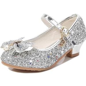 Glitter prinses schoenen meisjes hoge hakken boog prinses model kristal enkele schoenen pailletten kinderen schoenen dames (kleur: zilver, maat: maat 33 binnenlengte 20,5 cm)