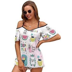 Tropische palm en flamingo dames blouse koude schouder korte mouw jurk tops t-shirts casual t-shirt XL