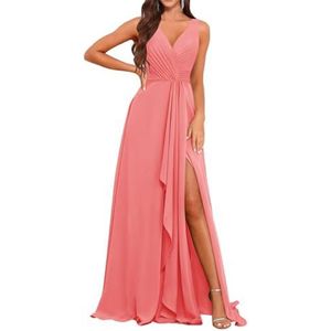 Chiffon bruidsmeisjesjurk voor dames, met splitplooien, baljurken, cocktailjurken, grote maten, Koraal, 32