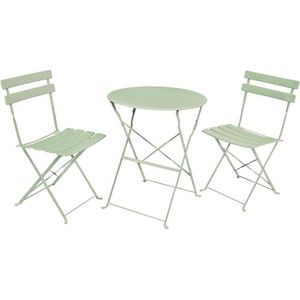AKORD Set van tafel en 2 balkonstoelen, eetkamerstoelen, ronde tuintafel, inklapbaar, tuinmeubelen voor buiten, metalen zitgarnituur, groen